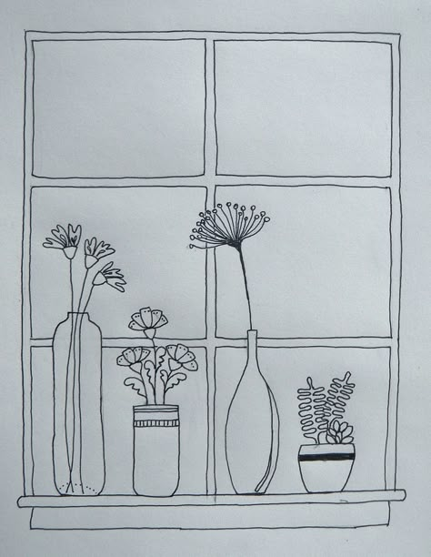 doodle a day ~ day 107, Flower, Window Ledge, Five Times Blessed, Nancy Mills Window Doodle Art, Window Drawing Sketch, Shelf Doodle, Windowsill Drawing, Window Doodle, Doodle A Day, Window Illustration, Window Drawing, Flower Drawing Tutorials