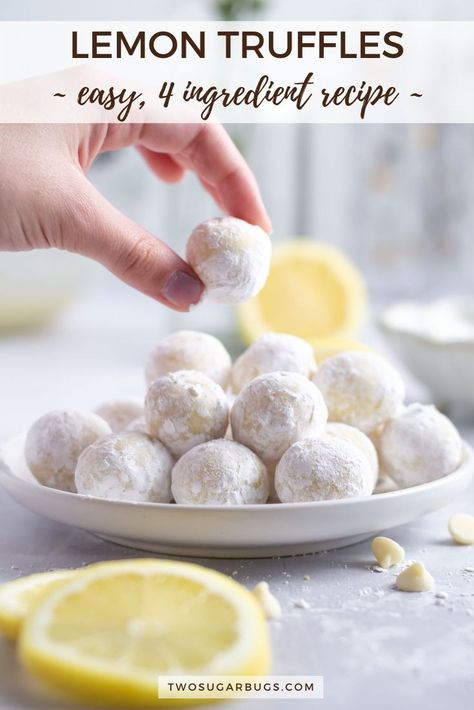 EASY, four ingredient lemon truffles! These delicious truffle balls are made with a simple white chocolate ganache and lemon zest. They are the ultimate no bake treat! Lemon Truffle Recipe, Homemade Caramel Recipes, Truffle Balls, Lemon Bar Cookies, Homemade Caramels, No Bake Truffles, Holiday Candy Recipes, Lemon Truffles, Easy Truffles