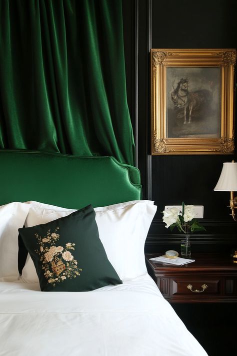 Rattan Accessories, Dark Green Bedroom, Dark Academia Bedroom, Moody Bedroom Ideas, Academia Bedroom, Green Bedroom Design, Green Bedroom Ideas, Dark Green Walls, Teal Bedroom