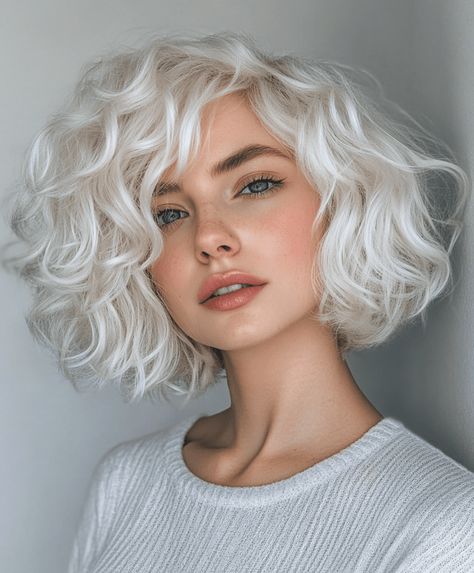 51 Platinum Blonde Hair Color Ideas for a Fresh New Look - Page 8 of 15 - The Fusion Feed Curly Bob For Fine Hair, Platinum Blonde Hair Curly, Platinum Blonde Curly Hair, Edgy Blonde Hair, Hair Color Platinum, Bob For Fine Hair, Platinum Blonde Hair Color Ideas, Blonde Curly Bob, Snow Style