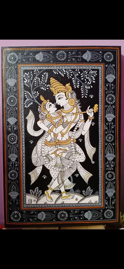 Radha Krishna Kalamkari Painting, Pattchitra Painting Borders, Pattachitra Paintings Design, Kalamkari Drawing, Tanjore Sketches, Odisha Pattachitra, Patachitra Art, Traditional Madhubani Art, Bapu Paintings