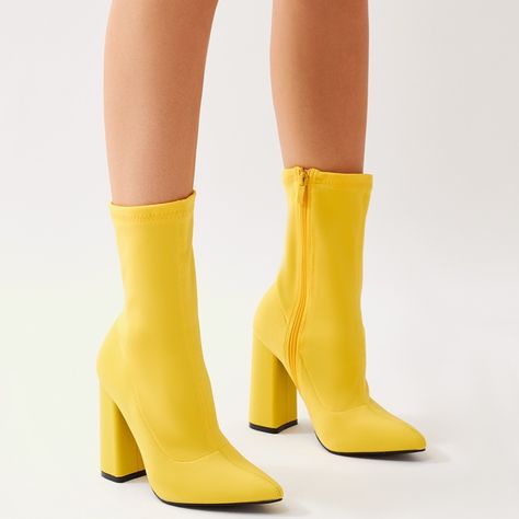 Boss Sock Fit Ankle Boots in Yellow Yellow Ankle Boots, Sock Ankle Boots, Fairy Shoes, Trending Heels, Dr Shoes, Yellow Boots, Yellow Heels, Sock Boots, Public Desire