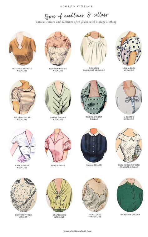 Learn more about vintage clothing and the construction of vintage clothes with this handy reference guide to popular collars and necklines often found with vintage dresses and vintage blouses. Vintage Blouse Pattern, Fashion Terminology, Detail Couture, Patron Vintage, Clothing Guide, Fashion Dictionary, Fashion Terms, Trendy Sewing, Fashion Vocabulary