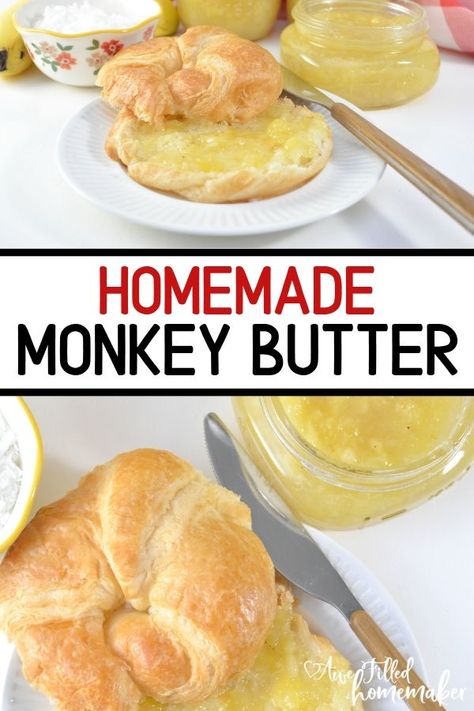 If you love canning and haven't tried Monkey Butter yet, you will love this easy recipe! This recipe is perfect for a beginner canner & it is kid tested and approved also! Add this to your English Muffin, biscuit, toast or even pancakes for a yummy condiment! #Canning #Preserving #MonkeyButter #Breakfast #Condiment #EnglishMuffin #Toast #Kids Monkey Butter Recipe Canning, Monkey Butter Recipe, Monkey Butter, Watermelon Jam, Condiments Recipes, Butter Recipes Homemade, Banana Uses, Homemade White Bread, Canning Fruit