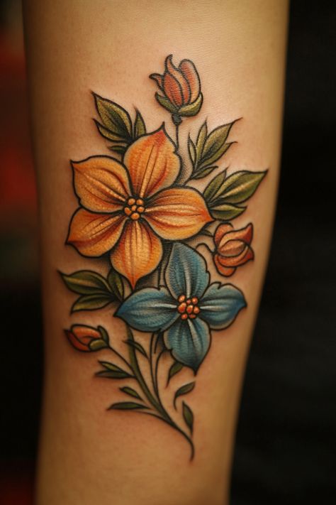 Colorful floral tattoo with orange and blue flowers on a person's skin. Squash Blossom Tattoo, Feminine Flower Tattoos, Elegant Flower Tattoo, Flower Tattoo Ideas For Women, Buttercup Tattoo, Daisy Chain Tattoo, Small Daisy Tattoo, Flower Tattoos For Women, Rosé Portrait