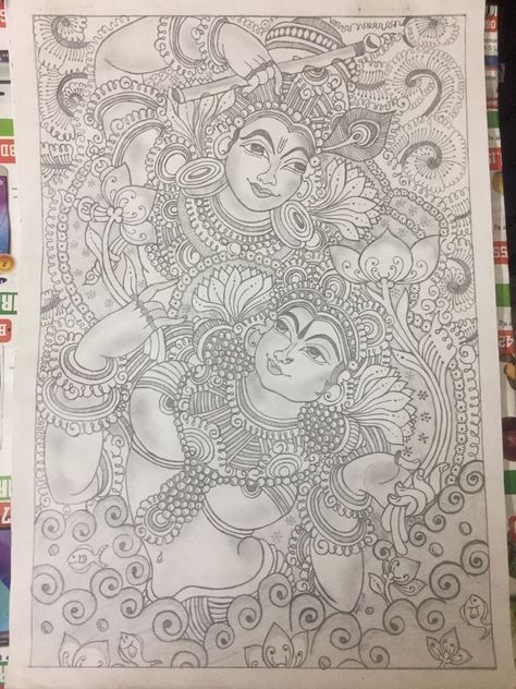 Kerala Mural Art Design, Mural Art Krishna, Mural Painting Outline Sketches, Kerala Mural Painting Outline Sketches, Mural Outline, Krishna Mural Painting, Kerala Drawing, Mural Sketch, Mural Art Design