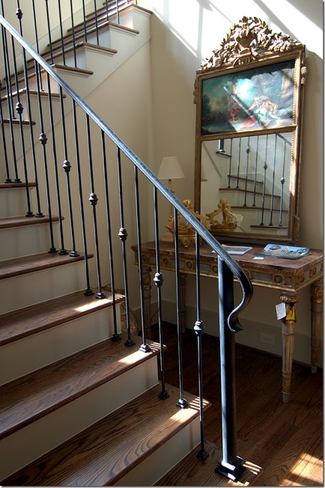 image Iron Stair Balusters, Iron Stairs, Metal Stair Railing, Stairs Railing, درج السلم, Wrought Iron Stair Railing, Modern Stair Railing, Wrought Iron Staircase, Iron Handrails