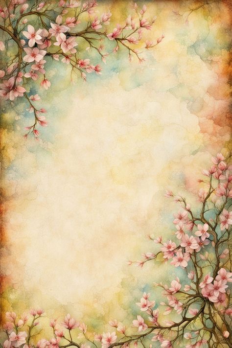 Vintage old scrappy writing paper featuring a beautiful spri... by Yu Leu - Playground Vintage Writing Paper Printable, Vintage Book Background, Vintage Paper Printable Free, Texture Pictures, Background Paper Free, Vintage Writing Paper, Writing On Paper, Spring Branches, Free Writing Paper