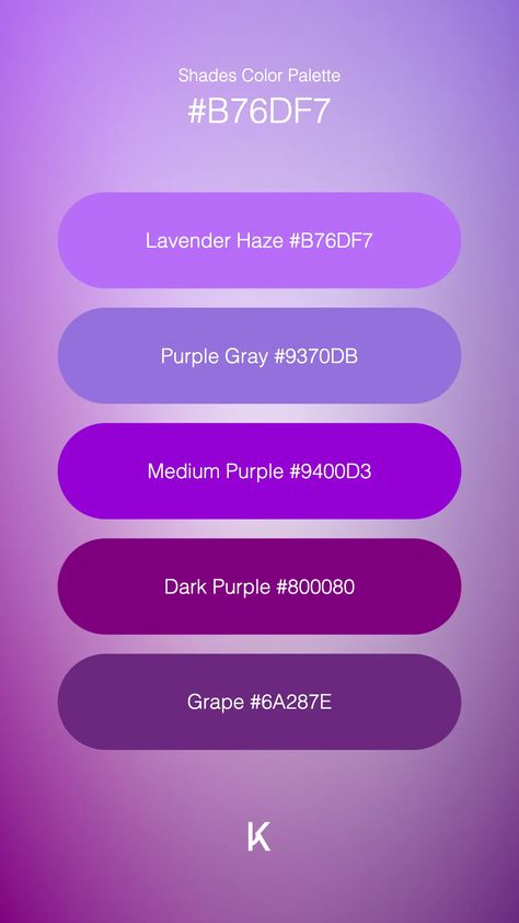 Shades Color Palette Lavender Haze #B76DF7 · Purple Gray #9370DB · Medium Purple #9400D3 · Dark Purple #800080 · Grape #6A287E Color Palette Lavender, Lavender Haze, Hex Color Palette, Medium Purple, Hex Colors, Purple Gray, Purple Grey, Dark Purple, Unique Colors