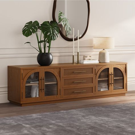 Arched Cabinet Doors, Rattan Drawers, Yellow Kitchen Cabinets, Arch Cabinet, Walnut Tv Stand, Arched Design, Dining Room Updates, Tv Stand Decor, Art Deco Living Room