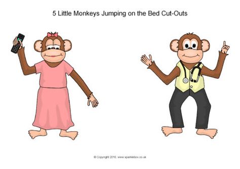 Five Little Monkeys Jumping on the Bed Cut-Outs (SB11649) - SparkleBox 5 Little Monkeys Jumping On The Bed, Five Little Monkeys Jumping On The Bed, Monkey Jumping On The Bed, Toddler Activities Daycare, Monkey Template, Preschool Binder, Monkeys Jumping On The Bed, 5 Little Monkeys, Bed Story