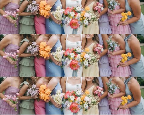 Subtle Colorful Wedding, Wildflower Wedding Palette Color Schemes, Wildflower Colored Bridesmaid Dresses, Wild Flower Wedding Theme Bridesmaid Dresses, Green Pink And Orange Wedding, Wildflower Wedding Bridesmaids Color Schemes, Muted Colorful Wedding, Colorful Wedding Photos, Wildflower Wedding Groomsmen