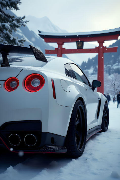 a close up of the back quarter panel, half out of view, of a white nissan nismo R35 GTR, taken as a wide angle shot with a fish eye lens on a winters day, in front of Japanese Mountains and a Japenese Torii Gate White Nissan, Japanese Mountains, Nissan Nismo, R35 Gtr, Torii Gate, Wide Body Kits, Eye Lens, Fish Eye, Fish Eye Lens