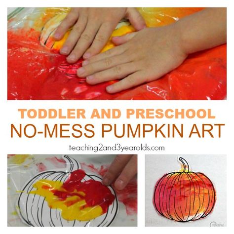 Toddler and Preschool No-Mess Pumpkin Art Pumpkin Crafts Preschool, Mess Free Painting, Car Seat Bag, Toddler Painting, Halloween Crafts Preschool, Fall Activity, Baby Art Projects, Halloween Preschool, Preschool Arts And Crafts