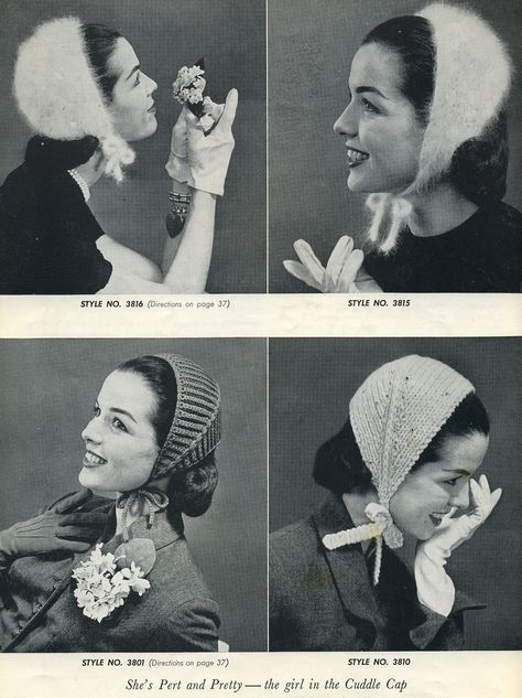 https://flic.kr/p/BLG28 | 1956 bernat cuddle caps | looks like that calorimetry headscarfy thing that's been making the knitting rounds lately on the web.  hmm! Knit Bonnet, Knit Accessories, Knitting Hat, Ladies Hats, Vintage Knitwear, Womens Hat, Vintage Knitting Patterns, Knit Hats, Hat Knitting Patterns