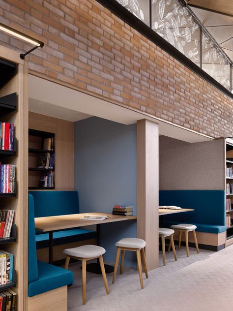 Woods Bagot tops school library with "tree-like" timber ceiling Public Library Design, Brick Extension, Woods Bagot, School Library Design, Wooden Ceiling Design, Wooden Canopy, Timber Ceiling, Library Furniture, Clerestory Windows