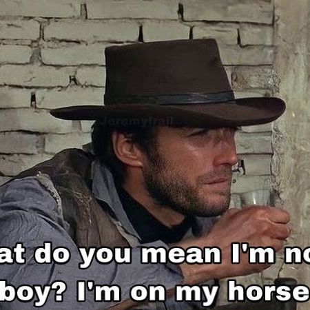 Saul Badgirl on Instagram: "IM A COWBOY ON A STEEL HORSE I RIDE 🎶 #johnnycash #johnnycashmeme #jeremyfrail #cowboy #orginalmemes #cowboymemes #clinteastwood #westerns #fistfullofdollars #cowboysnation #hesliterallyme" Cursed Cowboy Meme, Cowboy Meme Funny, Save A Horse Ride A Cowboy, Cowboy Activities, Cowboy Funny, Cowboys Memes, Cowboy Vibes, Horse Meme, Handsome Cowboys