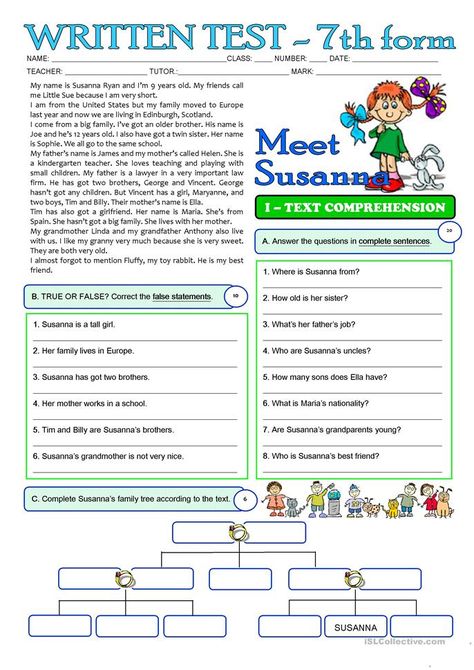 SUSANNA'S FAMILY - 3 page TEST - 7th grade - English ESL Worksheets for distance learning and physical classrooms 7th Grade Worksheets, 7th Grade Writing, 7th Grade English, 7th Grade Reading, 6th Grade Worksheets, Ela Worksheets, Teaching Reading Comprehension, Writing Test, Reading Comprehension Lessons