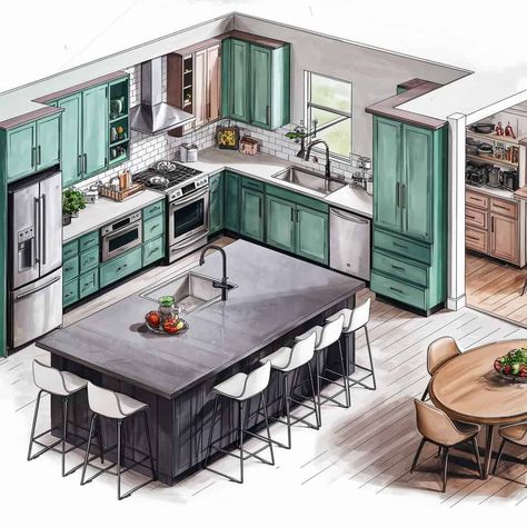 15 Kitchen Layout Inspirations to Transform Your Culinary Haven Kitchen Floor Plans With Island Layout, Gourmet Kitchen Layout, Modern Kitchen Layout Plans, Kitchen Layout Inspiration, Building Binder, Kitchen Blueprints, Kitchen Plans Layout, Ranch House Kitchen, Chefs Kitchen Design