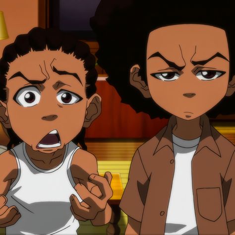 Hue And Riley Freeman, The Boondocks Characters, The Doonbocks, Boondocks Widgets, Matching Boondocks Pfps, Riley And Huey Freeman Matching Pfp, Brown Characters Cartoon, The Boondocks Painting, The Boondocks Fanart