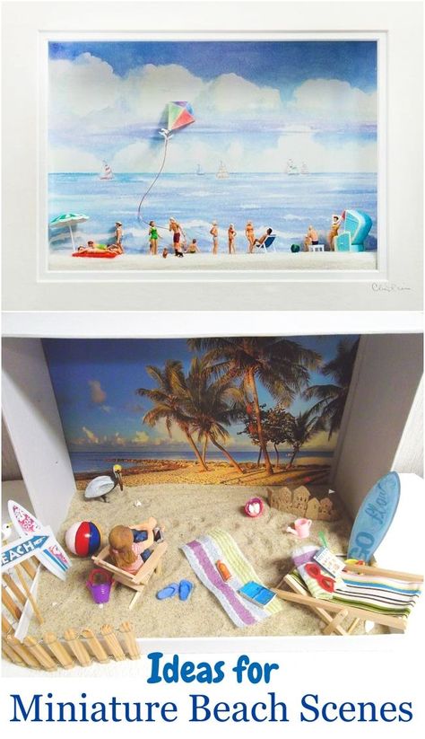 Ideas for Mini Beach Scenes in Boxes and Frames Beach Diorama, Miniature Beach Scene, Ocean Diorama, Shadow Box Ideas, Nautical Crafts, Sea Glass Crafts, Driftwood Crafts, Beach Getaway, Beach Crafts