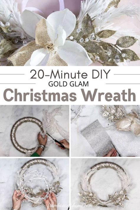 This easy DIY glam Christmas wreath takes only about 20 minutes to make, looks super festive, sparkly and will absolutely fit with your front door or living room Christmas decorations. White And Gold Wreath Christmas, White And Gold Wreath, Xmas Garland, Gold Christmas Wreath, Christmas Wreath Diy, Foam Wreath, Christmas Wreath Decor, Glam Christmas Decor, Diy Christmas Wreath