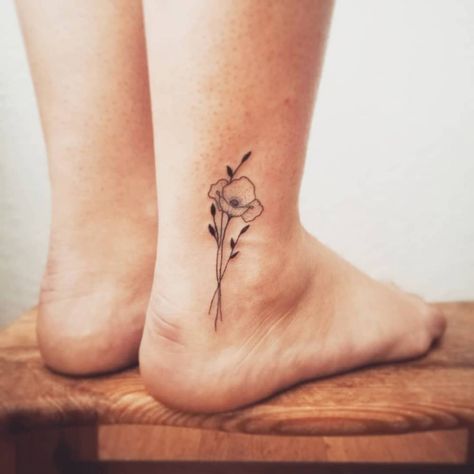 Hand poked poppy flower tattoo located on the ankle. Flower Tattoo Ankle, Dainty Flower Tattoos, Poppy Tattoos, Poppy Flower Tattoo, Tattoo Ankle, Flowers Poppy, Poppy Tattoo, Poppies Tattoo, Hand Poked Tattoo