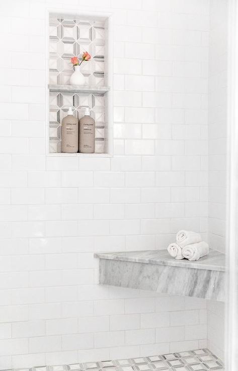 Shower With Corner Bench, Tiled Shower Bench, Shower Corner Bench, Subway Tile Shower Designs, Corner Shower Seat, Corner Shower Bench, Tile Shower Niche, Marble Shower Tile, Subway Tile Showers