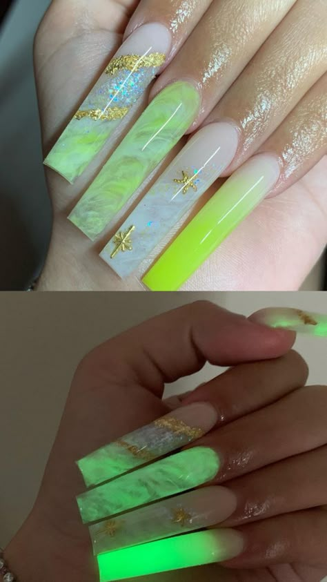 Neon Green Marble Nails, Neon Green Long Acrylic Nails, Xl Long Acrylic Nails Summer, Lime Green Nail Ideas, Lime Green Nails Acrylics, Neon Long Nails, Neon Green Nails Acrylic, Glow In The Dark Nails Acrylic, Lime Green Acrylic Nails