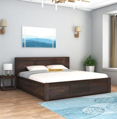 STRATA FURNITURE Sheesham Wood Queen Size Bed with Box Storage Double Cot Wooden Palang for Bedroom Living Room Furniture (Walnut Finish) Bedroom Storage Boxes, Double Bed Designs, Wood Bed Design, Wooden Sofa Set, Leather Sofa Set, Flat Ideas, Queen Size Bed, Box Bed, Sheesham Wood