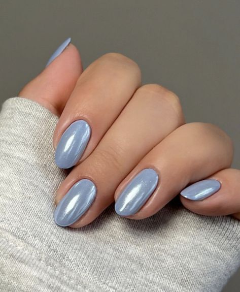 Dusty Blue Almond Nails, Blue Sparkle Nails Acrylic, Sky Blue Acrylics, Neutral Blue Nails, Blue Glazed Nails, Dusty Blue Nails Acrylic, Nail Inspo Solid Color, Blue Dip Powder Nails, Dusty Blue Nails