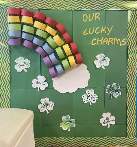 rainbow bulletin board for st. patricks day with the text “our lucky charms” St Patty Day Bulletin Board, Lucky Bulletin Board Ideas, Lucky Charms Bulletin Board Ideas, Lucky Charms Decorations, Leprechaun Bulletin Board Ideas, Lucky Charms Bulletin Board, Senior Traditions, Daycare Bulletin Boards, Easter Bulletin Boards