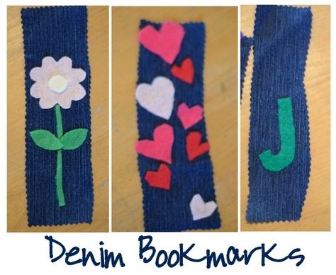 crafts from old jeans | crafts / Homemade denim bookmarks. Use an old pair of jeans to dress ... Denim Bookmarks, Make Bookmarks, Making Bookmarks, Jeans Crafts, Crafts Homemade, Money Saving Mom, Frugal Family, Blue Jeans Crafts, Crafts From Recycled Materials