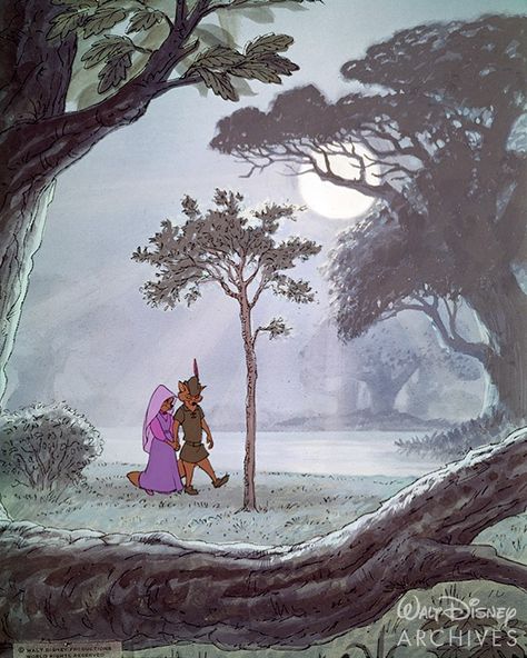 Walt Disney Archives on Instagram: “🎶 Love goes on and on 🎶 Pictured in this production still are Robin Hood and Maid Marian taking a stroll under the moonlight in this…” Old Disney Movies, Hood Wallpapers, Robin Hood Disney, Maid Marian, Love Is Gone, Disney Couples, Disney Aesthetic, Pinturas Disney, Old Disney