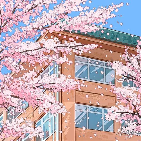 Japan, Japanese, buildings, architecture, sakura, blossom, cherry, pink, tree, street, aesthetic, kawaii, anime, manga, asia, Korea, school, weeb, otaku, weeaboo, spring, Tokyo, Seoul, town, city, urban, shop. redbubble, merch Peaceful Drawing, Anime Cherry Blossom, Sakura Trees, School Wallpaper, Tokyo Streets, Japanese High School, Sakura Tree, Japon Illustration, Japan Aesthetic