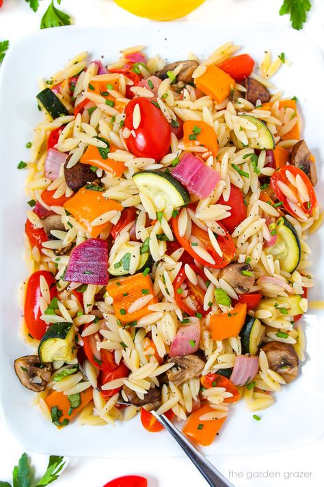 Orzo with Roasted Vegetables (Easy!) - The Garden Grazer Vegan Orzo Recipes, Basil Recipes Vegan, Orzo With Roasted Vegetables, Vegan Orzo, Garden Grazer, Roasted Vegetables Recipe, Wfpb No Oil, Easy Roasted Vegetables, Garlic Balsamic