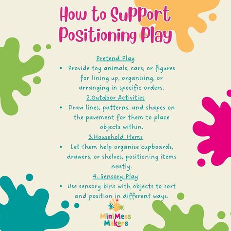 Positioning! Have you noticed your little one lining up all of their toys? Or perhaps they like to create patterns with different objects? Positioning is a popular schema. I often see children at our sessions lining things up. Here's all you need to know about the positioning schema. #sensoryandmessyplay #toddlerclassescornwall #babygroupcornwall #edibleplay #minimessmakers #myminimessmaker #messyplaycornwall ##schemasofplay Schema Play Ideas, Positioning Schema Activities, Schematic Play, Schema Activities, Schema Play, Play Schemas, Rich Activities, Work Hack, Playful Learning