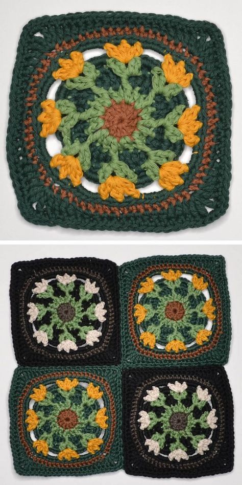 Crochet Earth Granny Square, Green Crochet Granny Squares, Creative Granny Square Patterns, Crochet Forest Granny Square, Coffee Granny Square, Crochet Snake Granny Square, Frog Crochet Granny Square, Themed Granny Squares, Crochet Square Designs