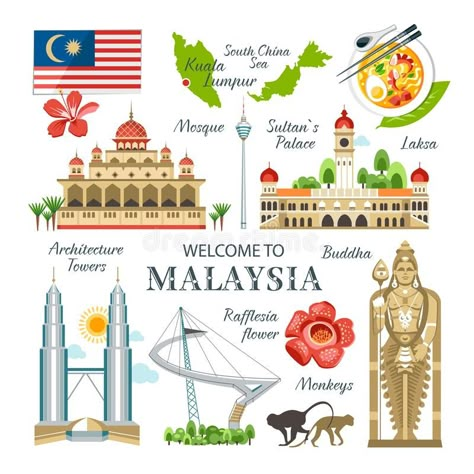 Illustration about Malaysia collection of traditional objects landmarks symbols buildings national culture. Illustration of bridge, building, famous - 122045423 Malaysia Kuala Lumpur, Malaysia Travel Guide, Independence Day Poster, Geography For Kids, Kuala Lumpur City, World History Lessons, Cities To Visit, Malaysia Travel, Country Theme