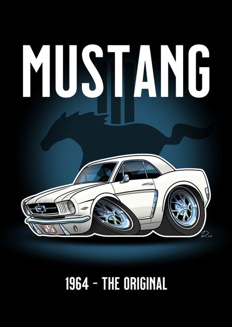 Mustang Cartoon, 64 Mustang, Car Posters, Car Cartoon, Car Art, Car Show, Ford Mustang, Mustang, Poster Prints