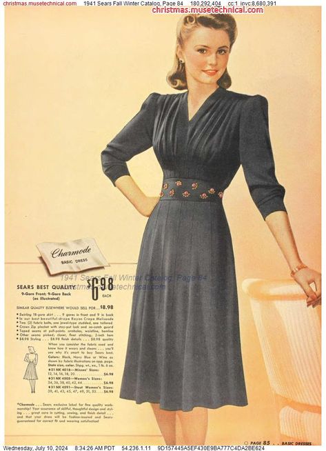 1941 Sears Fall Winter Catalog, Page 84 - Catalogs & Wishbooks Decades Fashion, 1940s Woman, Gored Skirt, Dresses 40s, 40s Fashion, Older Fashion, Winter Dress, 1940s Fashion, Basic Dress