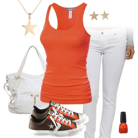 Cute Orange Tank Top & White Jeans Outfit with Converse All Stars Outfit With Converse, Orange Converse, Brown Converse, Converse Outfits, White Jeans Outfit, Converse All Stars, Orange Tank Top, Jeans Outfits, Tank Top White