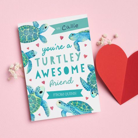 $2.58 | Turtley Awesome Classroom Valentines Day Card #kids valentines day cards, classroom valentines, school valentines, cute beach theme, sea turtle valentines, ocean theme, you're a turtley awesome friend, funny animal puns, turquoise teal aqua, pink hearts Turtle Valentines, Turtle Classroom, Kids Valentines Day Cards, Valentines Cute, Turtley Awesome, School Valentines, Kids Valentines Day, Watercolor Hearts, Classroom Valentines