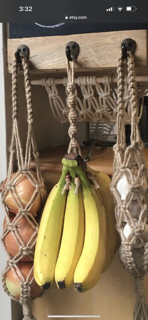 Aesthetic Kitchen Organization Ideas, Fruit Hanger Crochet, Crochet Fruit Hanger, Diy Macrame Produce Hanger, Cheap Kitchen Organization Ideas, Small Van Storage Ideas, Crochet Storage Ideas Organizations, Banana Storage Ideas, Hanging Baskets On Wall Organizing Ideas