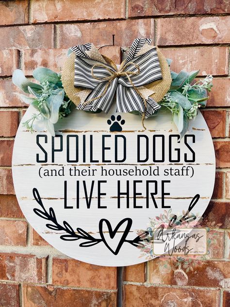 IYKYK...am I right?!?!  >>You and your sweet spoiled pups are needing this aDOORable (yet so true!) door hanger! Designed in the popular faux-shiplap style, this door hanger is large in size and comes complete with gorgeous wording along with beautiful greenery and cotton, and topped with a bow!  >>This door hanger is PERFECT as a birthday or housewarming gift for your favorite dog mom or pet parent, or just to spoil yourself & your pup!  >>Select your size to best meet your needs! 18 inch round or 22 inch round.  >>All of our door hangers are hand designed/cut and made with a high quality 1/2 inch thick MDF wood. This wood will not warp or splinter with time or weather unlike other woods such as plywood. These are perfect for indoor/outdoor usage! Additionally, ALL of our door hangers are Dog Round Door Hanger, Dog Door Hanger Signs, Pit Bull Door Hanger, Dog Door Signs, Dog Door Sign, Dog Door Hangers Wooden, Dog Door Hangers, Popular Door Hangers, Dog Signs For Home Front Doors