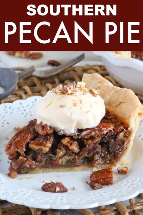 This is a must-make, super easy pecan pie with a gooey filling made with brown sugar and dark corn syrup (that's not too sweet)! Yes, please! Pecan pie recipe is the absolute best Thanksgiving Southern dessert and family favorite holiday treat! #EasyPecanPierecipe #Thanksgivingrecipe #easypierecipes #dessert #potluck #holidaypartytreat #christmasdessert Dessert Potluck, Pecan Pie Recipe Southern, Easy Pecan Pie, Southern Pecan Pie, Pecan Pie Easy, Southern Desserts, Easy Pie Recipes, Pecan Pie Recipe, Fool Proof Recipes