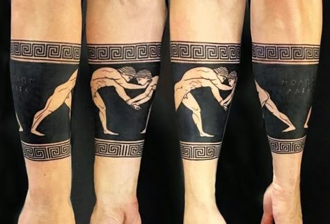 Greek Tattoos For Men Mythology, Archaeology Inspired Tattoos, Greek Mural Tattoo, Ancient Greek Art Tattoo, School Of Athens Tattoo, Greek Meander Tattoo, Greek Pottery Tattoo, Traditional Greek Tattoo, Greek Pattern Tattoo