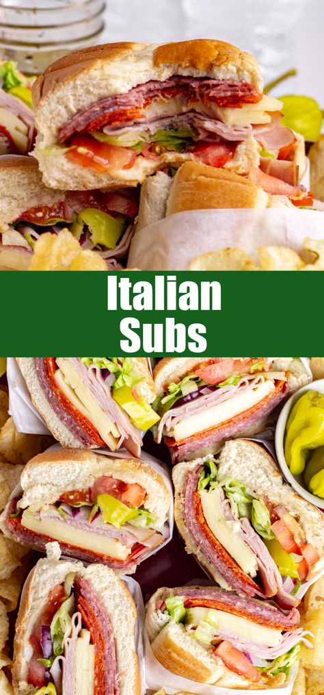 Make Italian Subs at home, just like your favorite sandwich shop! Complete with a vinegar dressing and all the fresh toppings you desire! Italian Sub Dressing Recipe, Italian Subs Sandwich Baked, Jersey Mikes Italian Sub Copycat, Italian Hoagie Sandwiches, Italian Sandwiches Recipes, Hoagie Recipes, Subs At Home, Hot Italian Sandwiches, Sub Sandwich Ideas