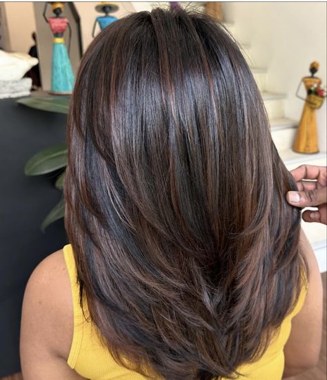 Brown Hair Color Shades, New Hair Color Trends, Feathered Layers, Long Hair Highlights, Dark Brunette Hair, Dramatic Hair, Fall Hair Color Trends, Easy Hair Cuts, Layered Cut