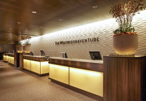 The Westin Bonaventure Hotel & Suites, Los Angeles - Front Desk Hotel Reception Design, Front Desk Hotel, Luxury Office Interior, Modern Hotel Lobby, Front Desk Design, Hotel Reception Desk, Office Reception Design, Hotel Lobby Design, Reception Desk Design